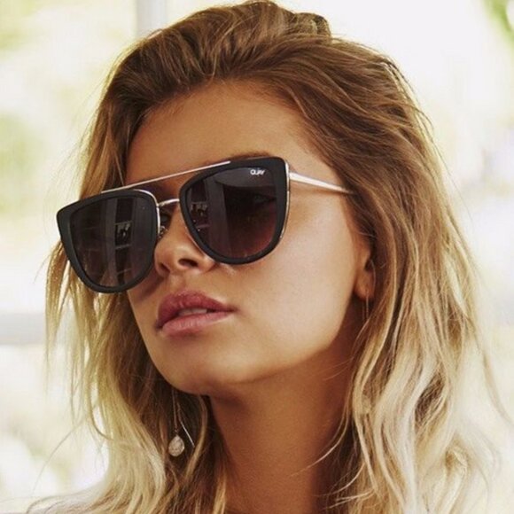 Quay Australia French Kiss Silver Black Frame Smoke Flat Lens Aviator Sunglasses - Picture 2 of 16